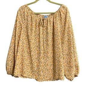 NWT CeCe Dainty Yellow White Floral Peasant Boho Off Long Sleeve Blouse Sz L